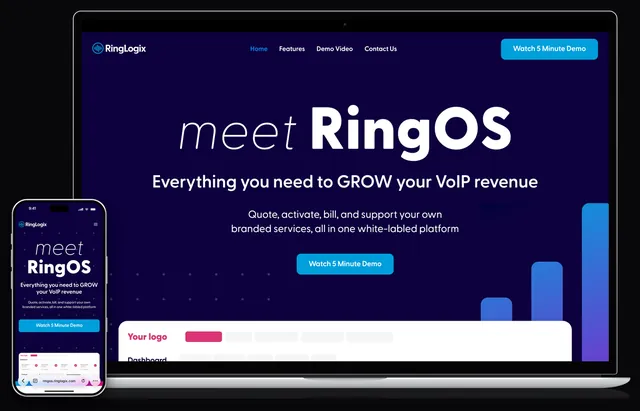 RingOS landing page for RingLogix on a laptop and a phone